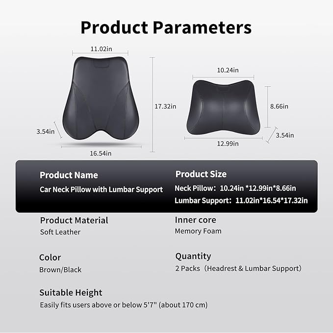 Memory Foam Car Headrest Neck Pillow Lumbar Support Cushion for Tesla Model Y/3/X/S BMW X3 X5 Lexus TX350 NX350 350h RX350 Volvo XC60 XC90 for Long Trips Driving Home Office(Black)