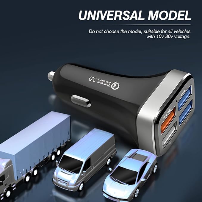 USB Car Charger Adapter, 4 Ports QC3.0 Cell Phone Fast Charger, Multi-Port Smart Quick Charger, Auto Charge Adapter for Cigarette Lighter, Compatible with iPhone, Samsung, All Smartphones