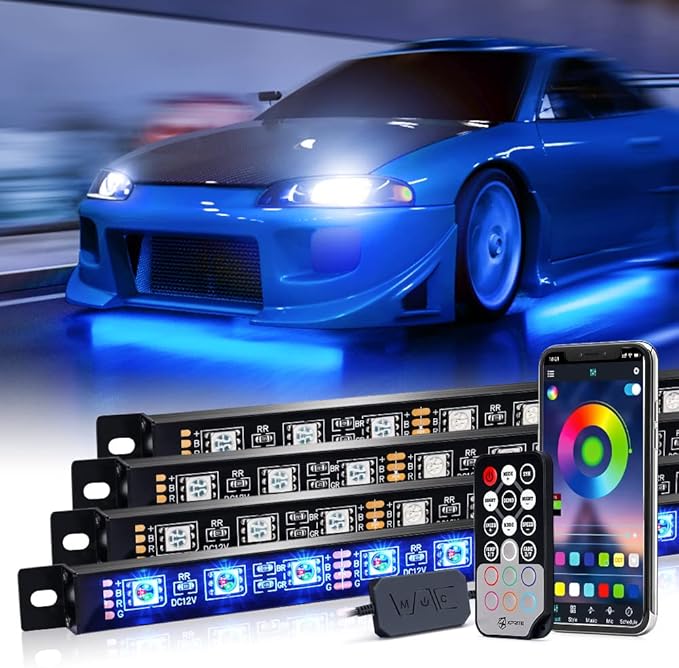 Underglow LED Lights for Cars, Xprite 4 PCS Aluminum Car Underglow Kit with Bluetooth & Wireless Remote Control, 12V 252 LEDs Car Lights Exterior Underbody Strips for Trucks SUV Vans