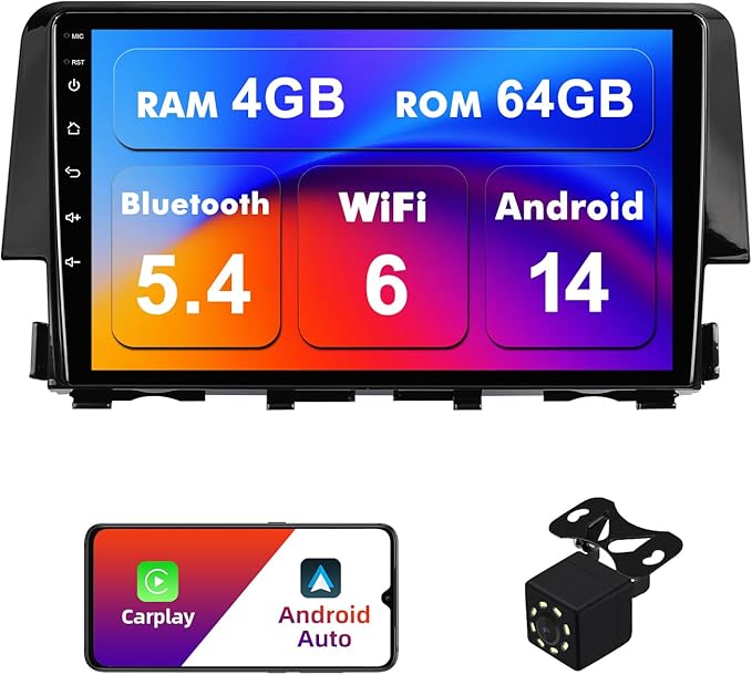4+64G Android 14 Double Din Car Stereo for Honda Civic 2016-2020 with 9 Inch Touchscreen Radio Built-in Wireless Carplay/Android Auto/GPS/Bluetooth/FM/AUX-in/SWC/Backup Camera