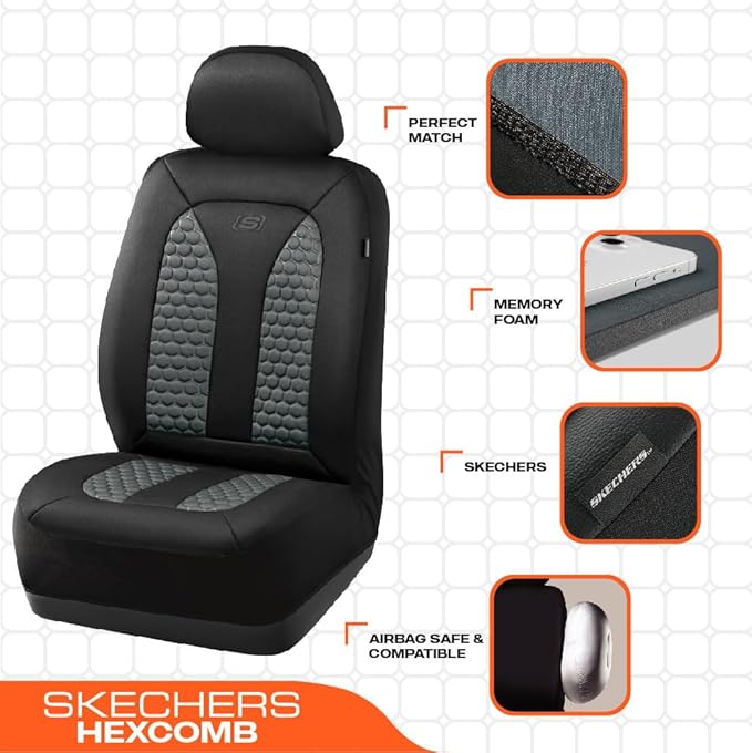 Skechers Memory Foam™ Car Seat Cover Full Sets, Hexcomb Breathable Thick Seat Covers, Airbag Compatible, Automotive Comfort & Protection Universal for 95% Cars,Van,Trucks, SUVs Grey