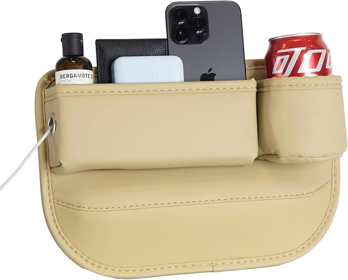 Car Seat Gap Filler Organizer with Cup Holders, Seat Gap Storage Box for Drinks, Phones, Keys, Sunglasses, Cards, and Small Essentials (Beige, Passenger Seat)