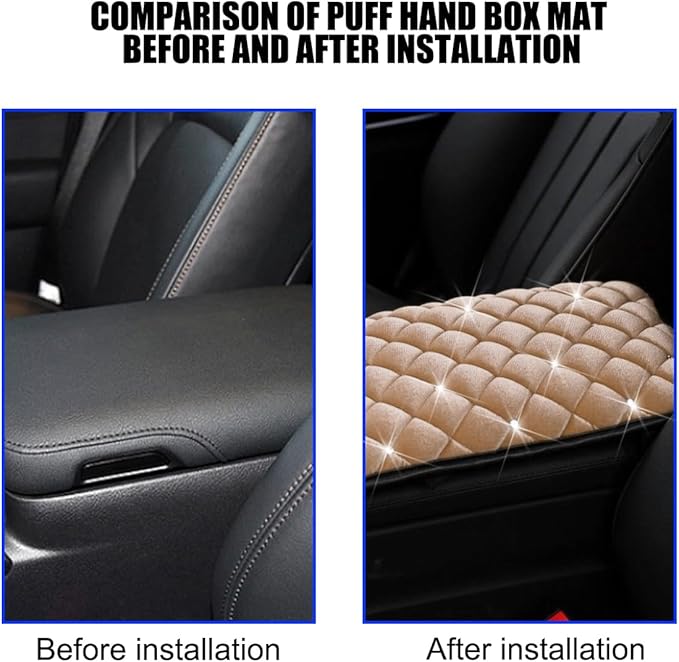 Mandark Bling Car Center Console Cover, Crystal Rhinestone Fluffy Automotive Armrest Seat Box Cushion Pad, Soft Comfortable Diamond Arm Rest Protection Mat, Universal Vehicle Accessories (Beige)