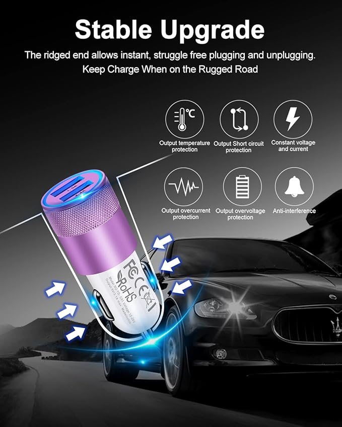 USB Car Charger, 2Pack Automobile Lighter Adapter Dual Port Cigarette Cargador Carro Cell Phone Charger for Samsung, iPhone, Google, Kindle, Double Port 3.4a Fast Charging Power Block