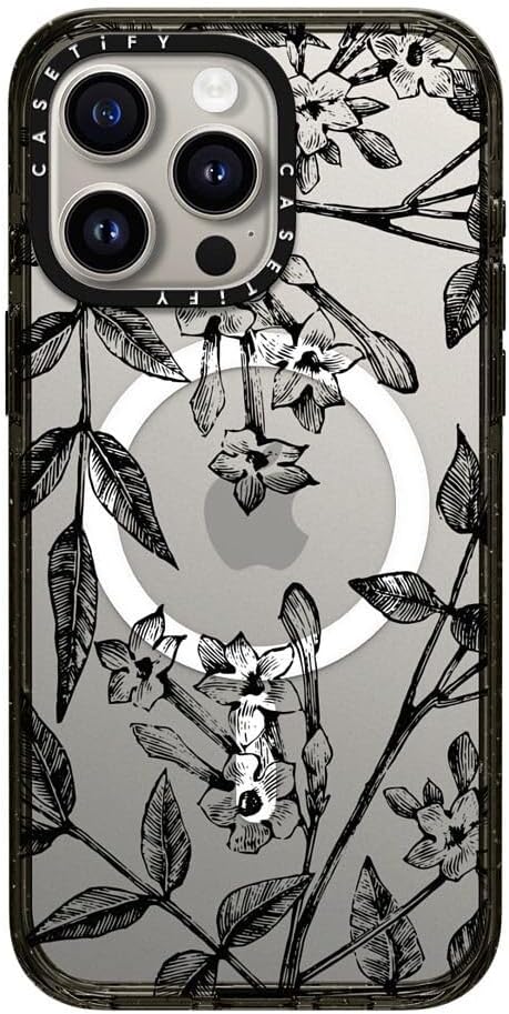 CASETiFY Impact Case for iPhone 15 Pro Max [8.2ft 4X Military Grade Drop Protection/Compatible with Magsafe] - Botanical Jasmine - Clear Black