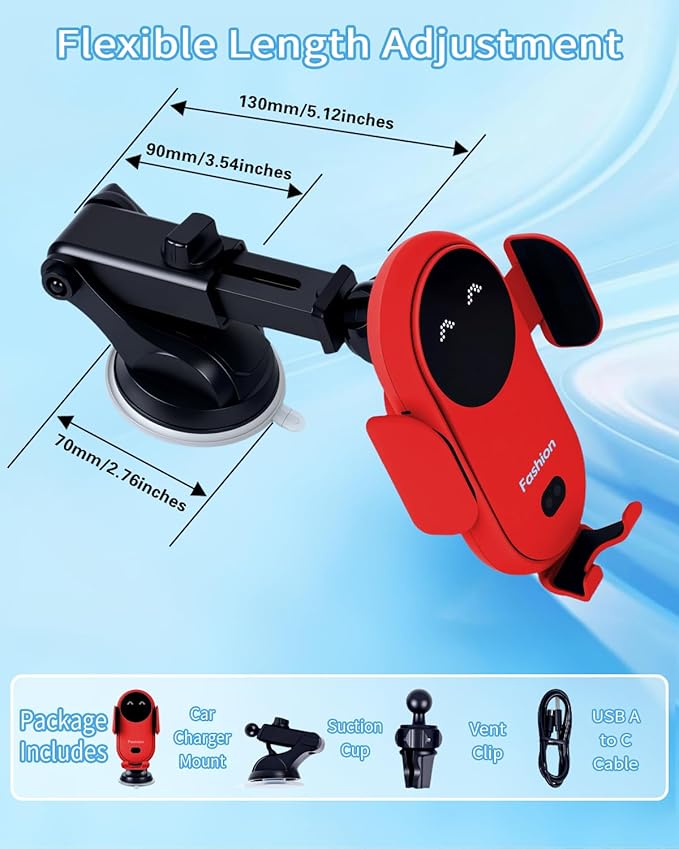 Wireless Car Charger, Auto-Clamping 3-in-1 Phone Mount - 15W/10W/7.5W Fast Charging Car Accessories Compatible with iPhone 16/15/14/13/12/11/Xs/XR, Samsung S23 Ultra/S22/S21/S20/S10+/S9(Red)