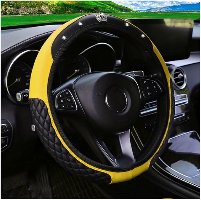 Bling Car Steering Wheel Cover, Diamond Leather Crystal Rhinestones Vehicles Steering Wheel Protector, Sparkling Anti-Slip Automotive Interior Decoration Accessories, Universal Fit (Yellow)