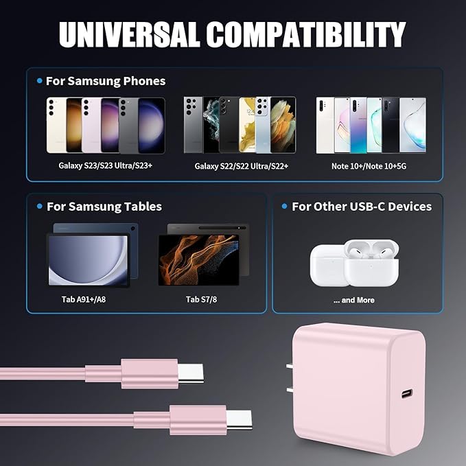 3Pack USB C Charger for Samsung Galaxy S24 Ultra, Super Quite Fast Charging Type C Block with 6FT C to C Cord for Samsung Galaxy Tab S9 S8 S23 Ultra S22 Ultra S23 S22 S21 Note 10 Plus 20,Pink