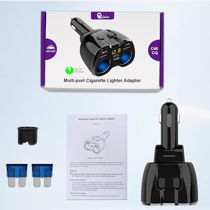 Cigarette Lighter Splitter 2 Socket, Qidoe 150W Cigarette Lighter Adapter 20W USB C Car Charger and 18W QC3.0 Multi Port Car 12V Splitter with Button Switch LED Voltmeter for GPS Dash Cam Phone Tablet
