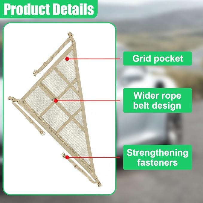 Double-Layer Car Ceiling Cargo Net, 31.49" x 20.86" Auto Roof Mesh Storage Pocket with Adjustable Buckle, 3 & 4-Handle Vehicle Interior Organizer Bag for Road Trips and Camping (Beige)