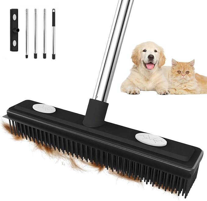 Pet Hair Remover Carpet Rake Reusable Rubber Broom with Squeegee for Sweeping Pet Hair Removal Tool 59" Long Handle Cat and Dog Hair Remover for Rugs, Carpet, Hardwood Floor, Tile