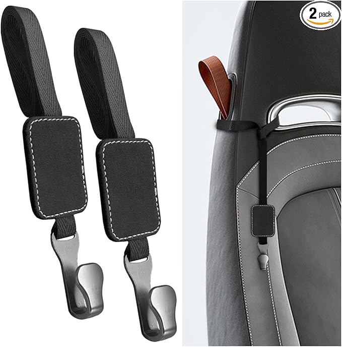 2PCS Car Seat Headrest Hooks, Stylish Suede Automotive Backseat Storage Hanger, Universal Vehicle Interior Seat Organizer Accessories for Purse, Handbag, Umbrella, Grocery (Black)