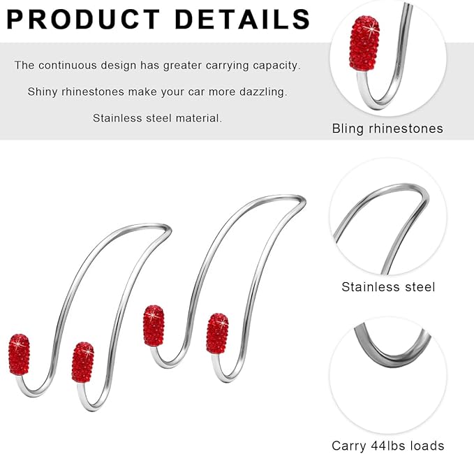 2PCS Car Headrest Hook, Bling Diamond Auto Hooks Stainless Steel Backseat Hangers, Universal Rhinestone Cute Seat Back Organizer Hanger for Purse Bag Clothes, Car Accessories (Red)