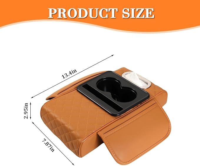 Car Armrest Cushion, 5-in-1 Nappa Leather Vehicle Centre Console Cover with 2 Storage Pockets, Cup Phone & Phone Holder, Multifunctional Auto Organiser Accessories, Universal Fit (Yellow)