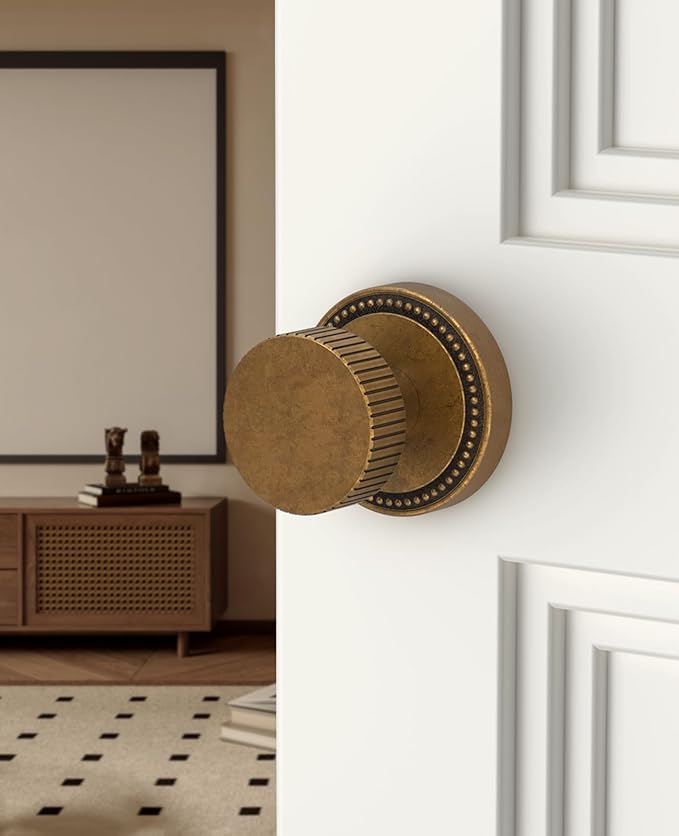 Asidrama 4 Pack Antique Brass Passage Door Knobs with Lock, Vintage Door Handles with Antique Brass Door Knobs Interior for Bedroom or Bathroom, Heavy Duty Door Lever for Left Right Sided Doors
