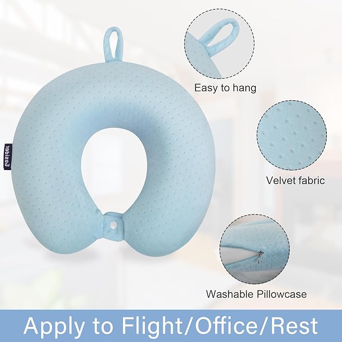 Travel Neck Pillow Memory Foam Pillow Support Pillow U Shape Compact & Lightweight Neck Pillow for Sleeping Travel for Plane, Car, Home, Office Camping Light Blue