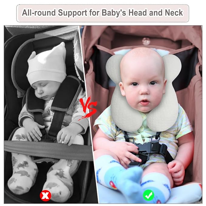 Upgraded Baby Head Support Pillow for Newborn Toddler, Soft Cotton Baby Travel Pillow for Car Seats and Strollers for Baby, White
