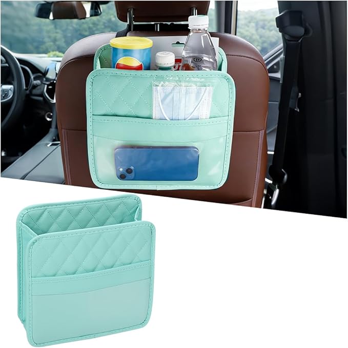 Car Seat Back Organizer, Leather Multipurpose Automotive Hanging Storage Bag Pockets, Vehicle Interior Backseat Trash Bag Can Organizer Accessories, Universal for Most Cars (Green)