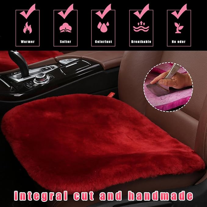 Sheepskin Car Seat Cushion, Comfortable Soft Fur Wool Auto Front Seat Cover, Vehicle Seat Protector Pad for Warm Winter Office Chair, Universal Decor Car Accessories (Wine Red)