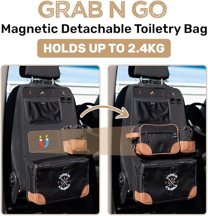 Living in a Bubble Seat back Organizer – Magnetic Toiletry and Cooler Pouch, Cordura Car Backseat Storage with Device Holder & Hooks, Multi-Compartment Utility Bag for Campervans & Family Travel