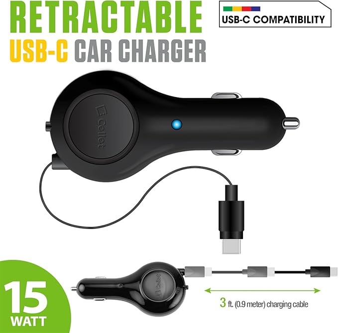 Cellet Retractable USB-C Car Charger – 15W Fast Charging, 3.3ft Cable, 3A Output, Blue LED Indicator – Compatible with Apple iPhone 15/16 Series & Samsung Android USB-C Devices – Compact, Tangle-Free