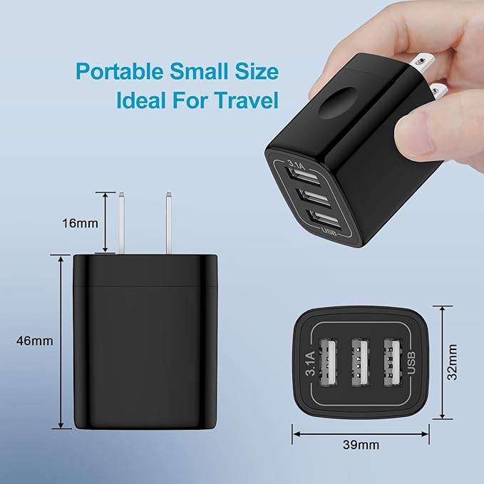 USB Wall Charger 2Pack Wall Plug 3-Multi Port Quick Charger Block Cube 3.1A Power Adapter for iPhone 17e 17 Pro Max Air 16e 16 15 14 13 12 Pro Max XS 8 iPad Samsung Galaxy S26 S25 S24 S23/Note20 Ultra