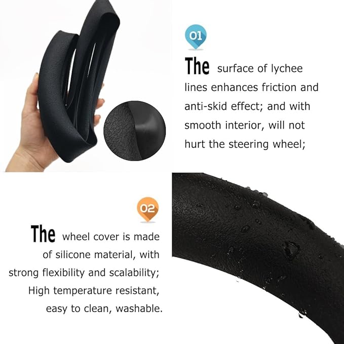 Direct Silicone Auto Car Steering Wheel Cover 13"-15" / 33-38cm, with 4 pcs Air Vent Hook - Black