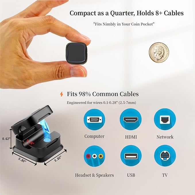 12 Pack Cable Management Clips, M-Xeotei 2-in-1, Magnetic and Adhesive,Cable Holder, Multi-Surface Cord Organizer for Metal/Wood/Plastic, Space Saving Switchable Base Works on Desk/Car/Office (Black)