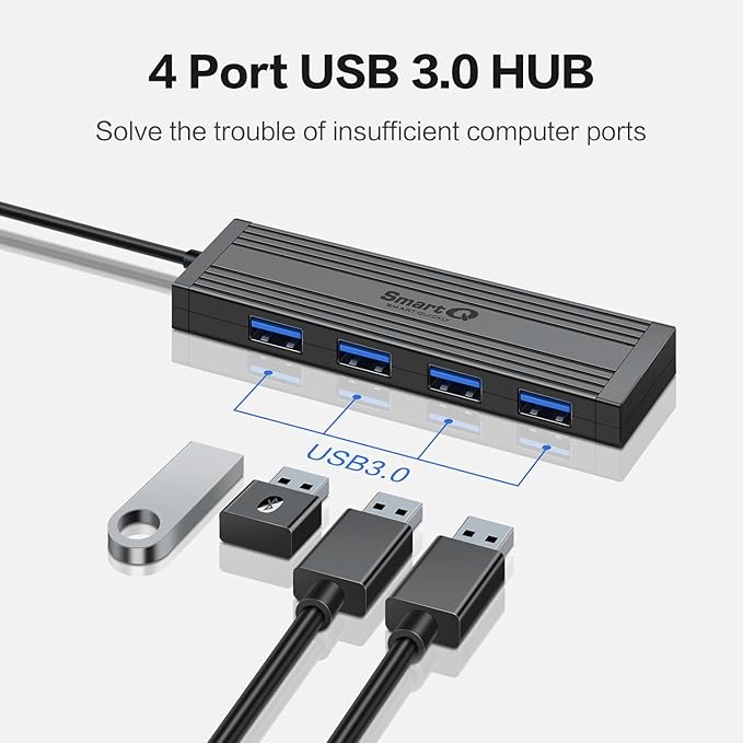 4-Port USB 3.0 Ultra-Thin Data Hub, High-Speed USB Port Expander for Laptop, MacBook, iMac, Surface Pro, XPS, Flash Drives, Mobile HDD, Printers, and More (Slim USB Hub - 4 ft)