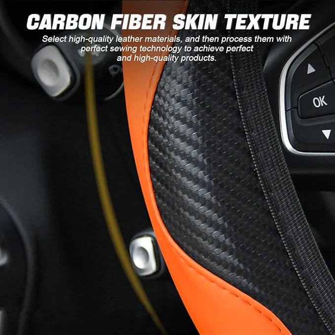 Car Steering Wheel Cover, 15 Inch PU Leather Carbon Fiber Elastic Stretch Without Inner Ring, Breathable Anti-Slip Auto Steering Wheel Protector for Women Men, Universal for Most Cars (Cayan)