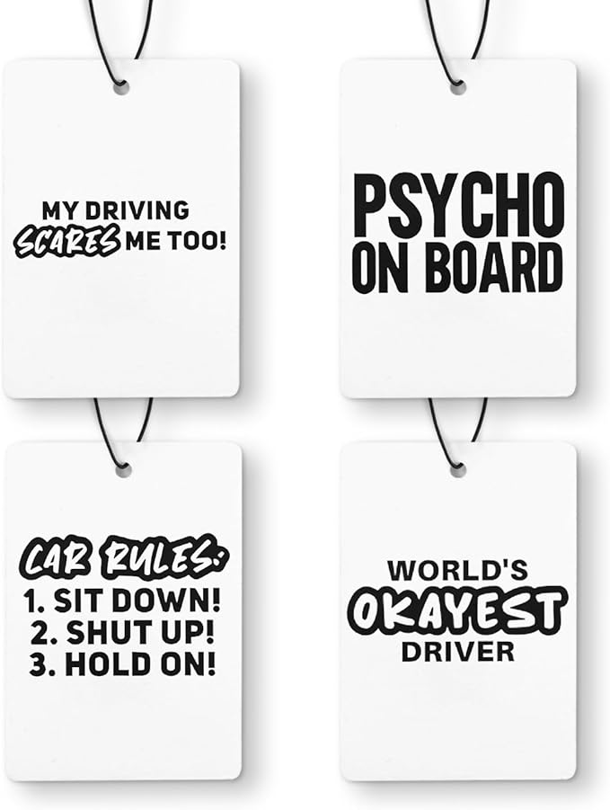 Funny Car Air Freshener 4 Pcs, Humorous Driver Driving Sign Hanging Air Freshener for Cars Closet Drawer Books, Funny Sarcastic Gifts Car Accessories for Women Men