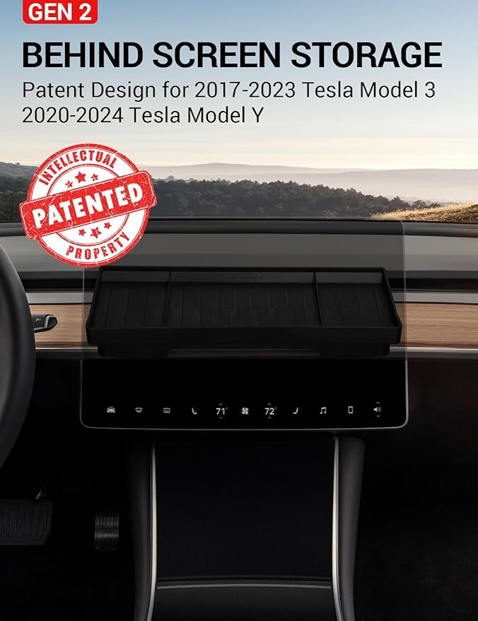 BASENOR Tesla Model Y Model 3 Dashboards Behind Screen Storage Box, (Proprietary Design) Center Console Hidden Organizer Tray Sunglasses Holder for 2017-2023 Model 3 2020-2024 Model Y