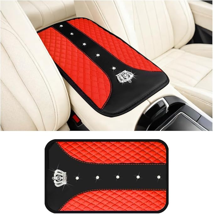 Bling Car Center Console Cover, Crown Crystal Rhinestones Vehicle Armrest Mat Protector, Anti Slip Sparkling Automotive Arm Rest Seat Box Cushion Pad Decor Accessories, Universal Fit (Red)