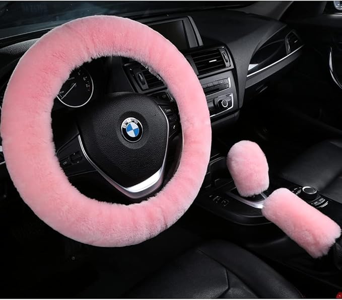 3Pcs/Set Pure Wool Fur Furry Steering Wheel Cover, Soft Fluffy Handbrake Cover Gear Shift Cover for Women Car SUV Truck Australia Sheepskin Accessories, Pink