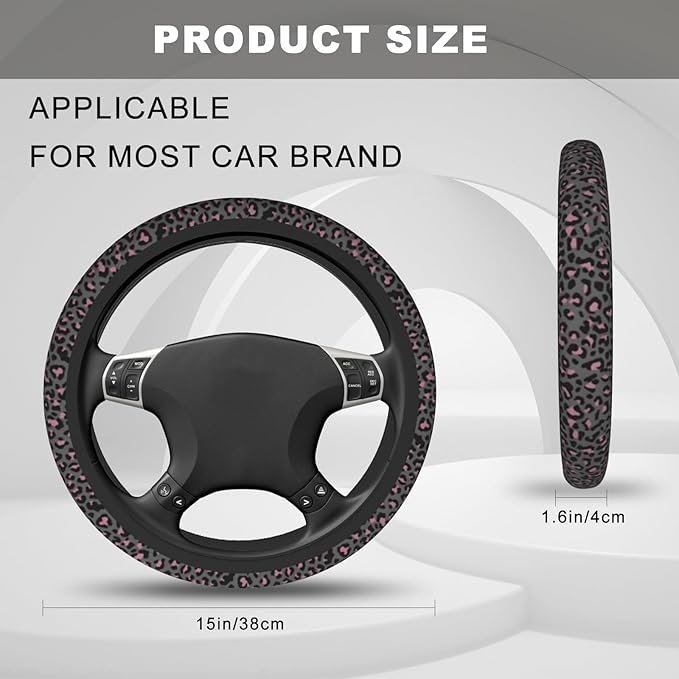 Pink Black Leopard Cheetah Print Steering Wheel Cover, Cute Anti-Slip Breathable Car Accessories Interior Elastic Steering Wheel Cover for Women Fit Auto, SUV Vans Truck Universal 14.5-15 Inch