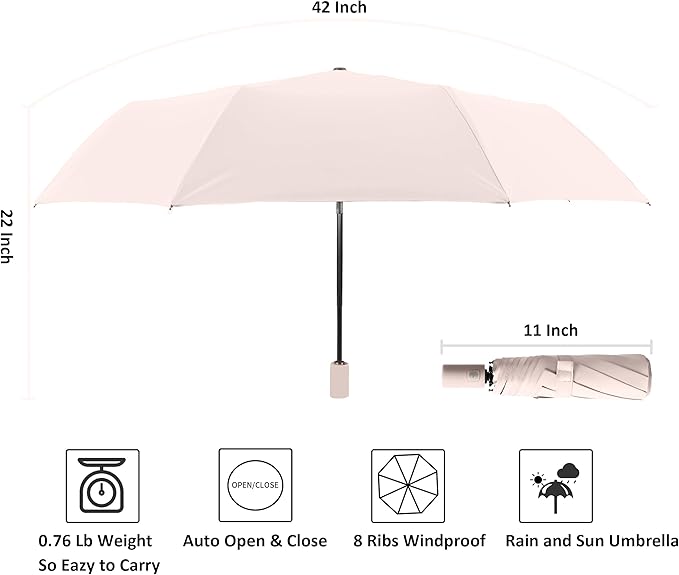 BAODINI Small UV Protection Travel Umbrella Compact for Rain and Sun UPF 50+ Windproof Portable 42 inch Umbrella for Women and Men