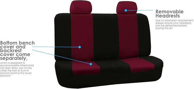 FH Group Car Seat Covers Flat Cloth Automotive Burgundy Full Set, Rear Solid Bench Universal Fit Combo Steering Wheel Cover & Seat Belt Pads Car Seat Protector Cars Trucks SUV Interior Accessories