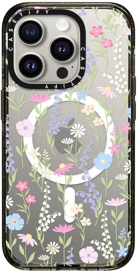 CASETiFY Impact iPhone 15 Pro Case [4X Military Grade Drop Tested / 8.2ft Drop Protection/Compatible with Magsafe] - Flower Prints - Pink Pastel Cute Floral - Clear Black