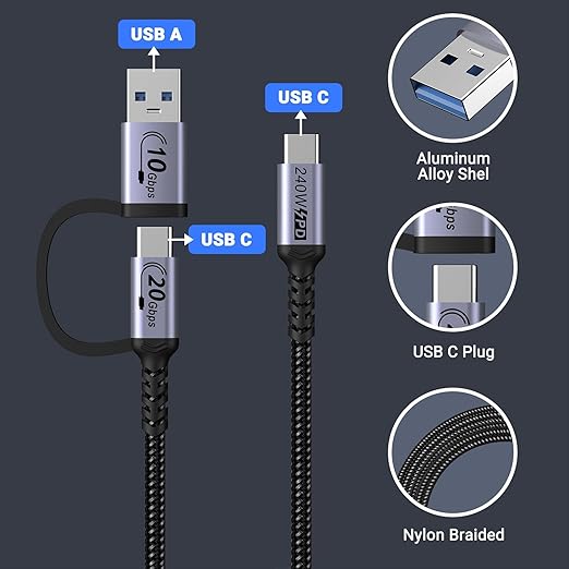 6.6FT USB c Cable for CarPlay [20Gbps 2Pack],2-in-1 USB 3.1 Gen 2 Cable Fast Charge & Data Transfer, Compatible with iPhone 16 15 Pro Max, Samsung Series, SSD