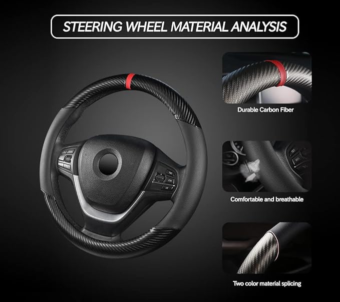 Carbon Fiber Steering Wheel Cover, Universal 15 inch Breathable Microfiber Leather Steering Wheel Covers for Men and Women, Anti Slip Car Interior Accessories, Black