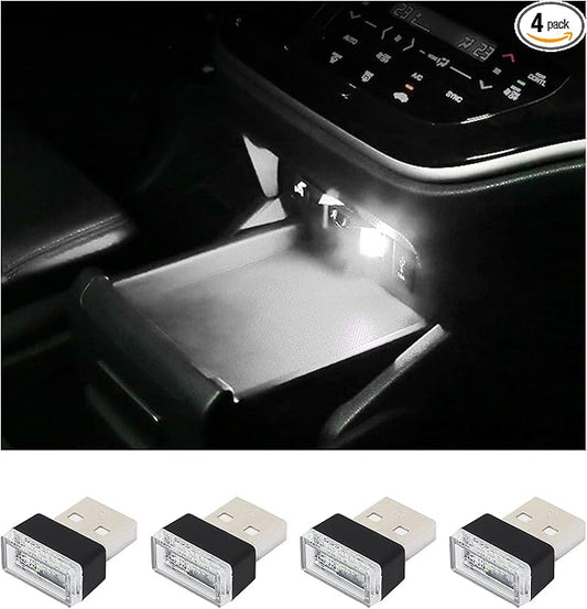 Augeny 4 PCS USB LED Car Interior Atmosphere Lamp, Plug-in USB Decor Night Light, Portable Auto Ambient Lighting Kit, Universal Vehicle Interior Accessories for Most Cars (White)