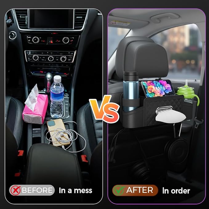 3-in-1 Car Backseat Organizer with Cup Holder Tissue Box and Hooks, Multifunctional Car Seat Back Storage Box, Car Headrest Backseat Organizer for Travel SUV Sedan Truck Car Accessories (Brown)