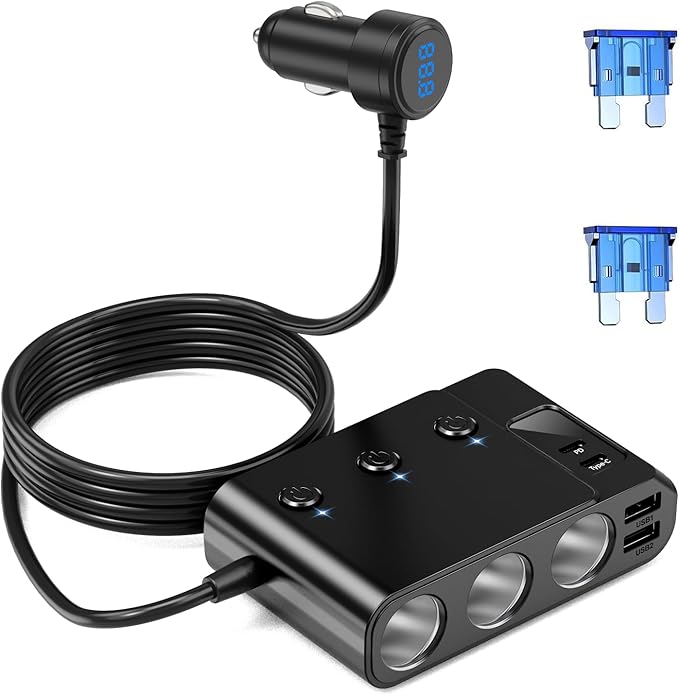7 in 1 Cigarette Lighter Splitter, Tendak 150W Car Adapter with PD30W Type-C & 2 USB Charging Ports, LED Voltmeter, Independent Switches, Plug Outlet 12V/24V (3.3ft Cable)
