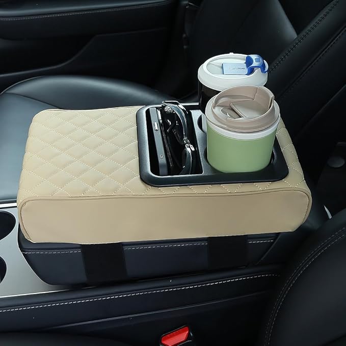 Supin Car Armrest Cushion - Multifunctional Faux Leather Armrest Cushion with Cup Holder, Phone Storage, and Ergonomic Design for All Seasons (Beige)