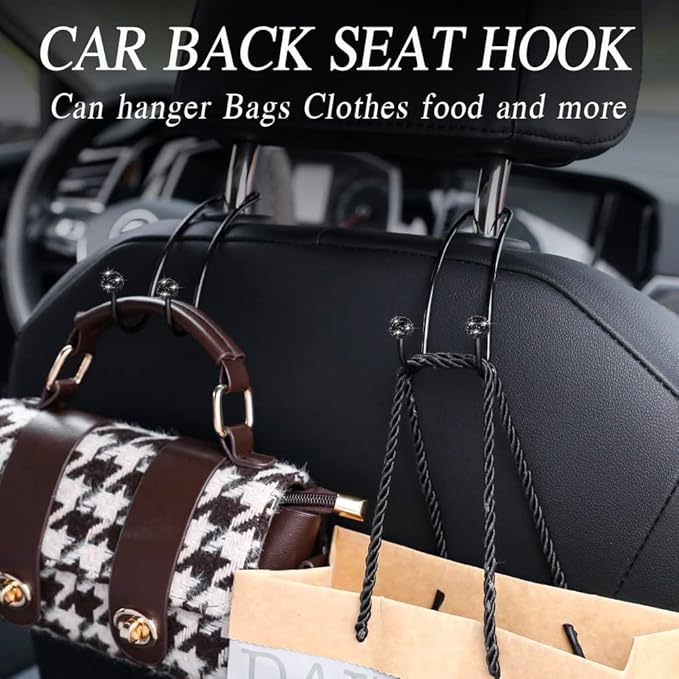 SAVORI Auto Hooks Bling Car Hangers Organizer Seat Headrest Hooks Strong and Durable Backseat Hanger Storage Universal for SUV Truck Vehicle 2 Pack (Black A)