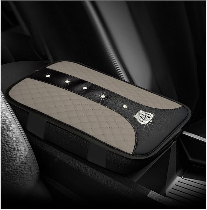 Bling Leather Car Center Console Cover, Anti-Slip Crown Armrest Seat Box Cushion Pad with Rhinestones, Waterproof Crystal Arm Rest Protector Interior Decor for Most Vehicles (Gray)