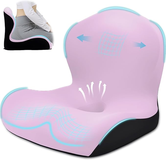 Seat Cushion for Office Chair and Car, L-Shaped Ergonomic Car Seat Cushions, Memory Foam Chair Cushion, Lumbar Support Pillow for Wheelchair, Car, Home, Office, Desk, Pink