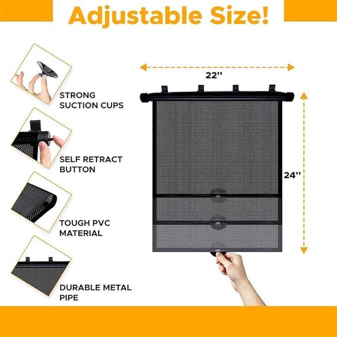 EcoNour Car Window Covers for Baby (2 Pack) | Retractable Car Window Shades for Protecting Kids, Passengers & Pets from Harmful Sun Rays | Window Sun Shade for Trucks, SUVs | (22”x24”)