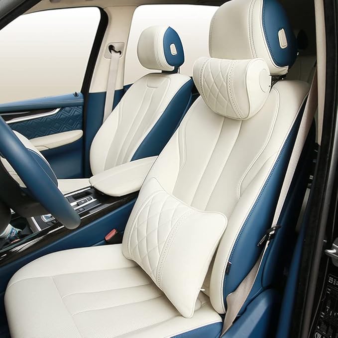 LUNDA Luxury Car Neck Pillow Car Travel Neck Rest Pillows Seat Cushion Support Napa Leather for Mercedes Benz S-Class headrest （Beige）
