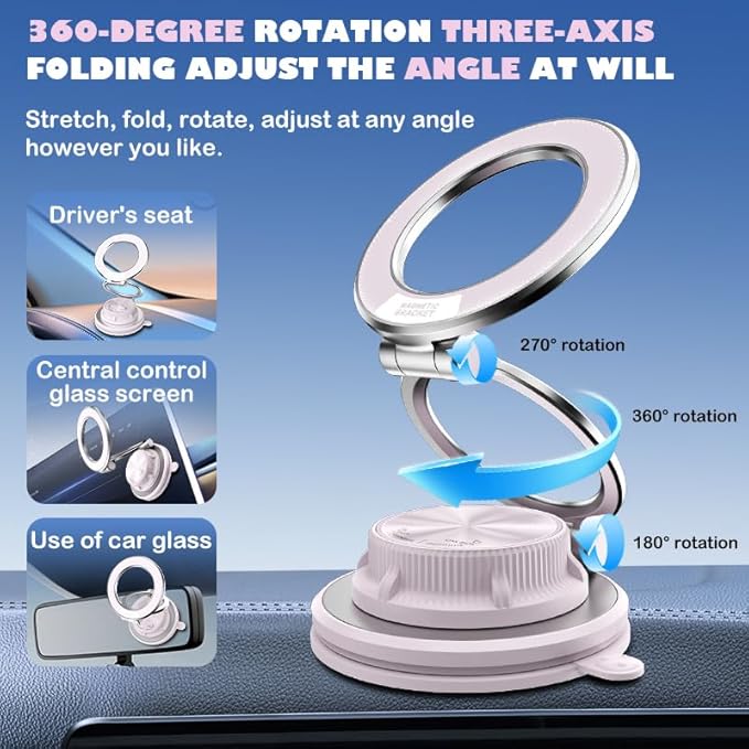 Magnetic Car Phone Holder, 360° Adjustable Suction Cup Universal Phone Mount, Multi-Scene for Car Office Gym Home, Compatible with iPhone 17/16 Pro Max & Other Magnetic Phones (White)